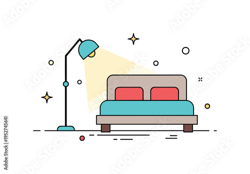 Bedroom comfort and lighting balance illustrated by a simple bed paired with a floor lamp emitting warm light, expressing harmony between design and coziness.