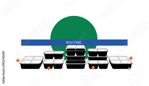 Black and white meal prep containers arranged in order, bold deep green circle centered behind composition, cobalt blue horizontal bar suggesting routine,