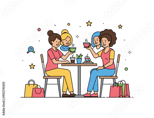 Coffee break during a shopping day with best friends sitting at a small cafe table, sharing smiles and snacks, highlighting moments of relaxation and