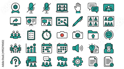 Sports coaching and management icon set in linear style. A collection of icons including tactics, whistle, strategy board, timer, analysis, recruitment, headset, formation, trophy