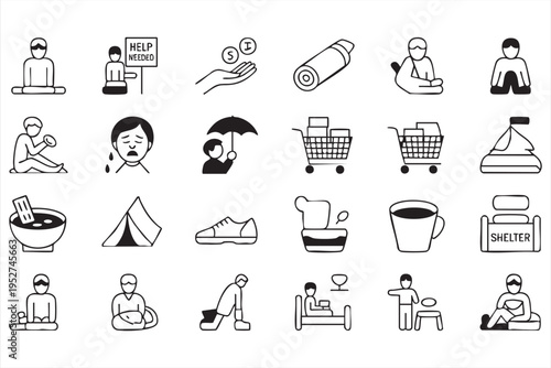 Homelessness and Poverty Aid Line Icons Set for Social Awareness Campaigns