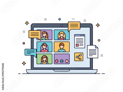 Remote team video call laptop screen displaying multiple small participant windows with chat bubbles and a shared document icon. A compact concept badge about