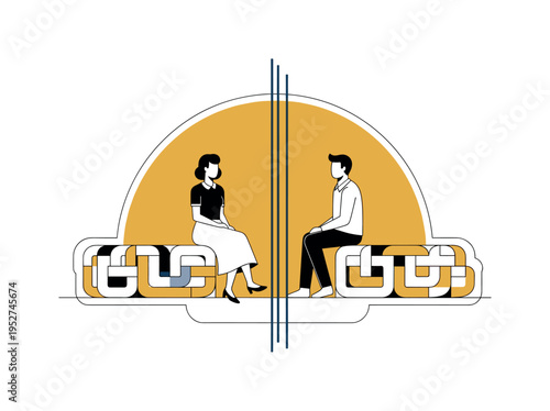 A monochrome couple sitting on opposite ends of a geometric bench made of abstract blocks, large semicircle framing both figures as shared space, thin vertical
