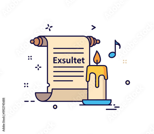 Exsultet hymn proclamation theme represented by a scroll icon paired with a bright candle and gentle musical note accents. The scene communicates praise,