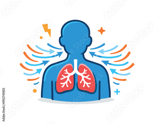 Rapid breathing lungs illustrated with expanding air lines and tiny airflow arrows surrounding a calm human silhouette, expressing how breathing becomes faster