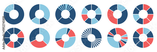 Pie charts infographic set, round diagrams with 1 through 12 sections, segmented wheel style, suitable for dashboards, statistics, business planning, and professional data visualization materials.