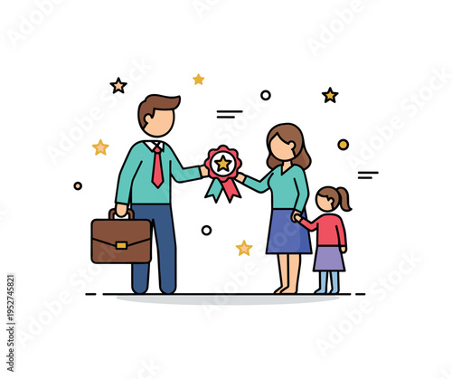 Career promotion milestone adult figure with briefcase receiving a star badge from a family member, symbolizing encouragement and celebration of professional