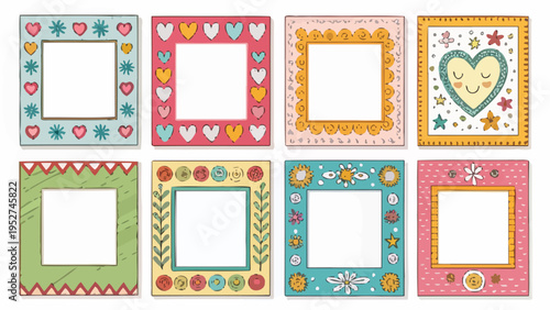 Colorful scrapbook frames vector collection with hearts flowers stars and geometric patterns for creative design