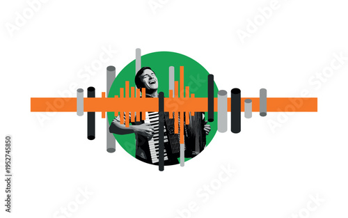 Black and white musician playing accordion at a May street festival, bold green circular backdrop framing the performer, orange horizontal stripe cutting