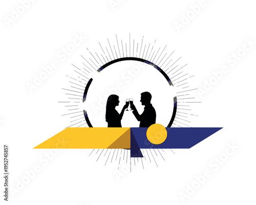 Black and white silhouette couple raising glasses against oversized circular halo, thin radiating lines suggesting festive energy, vivid gold and cobalt flat