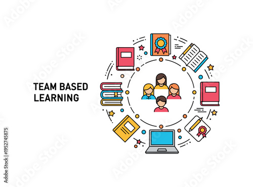 Team based learning badge presenting a circular arrangement of study icons such as books and a laptop around a small group of students, representing