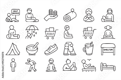 Homeless Support and Hunger Relief Icons for Awareness and Fundraising