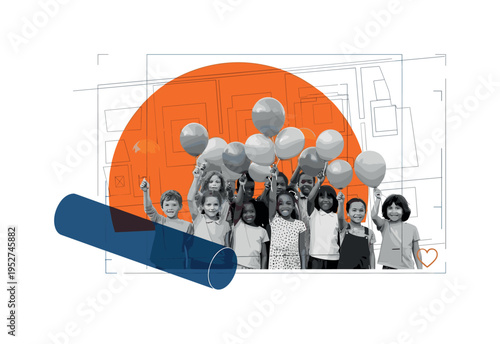 Black and white children holding balloons during fundraiser event, bold orange semicircle framing upper section like festive glow, thin framing