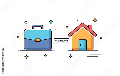 Work life balance signal briefcase and home icon gently separated by a thin vertical line with a small label reading After Hours, expressing structured