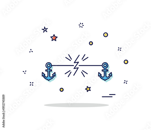 Breaking point moment thin line snapping between two small anchors with subtle shock accents, symbolizing emotional limits being crossed. A minimal and