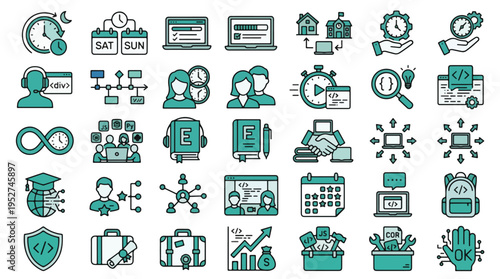 Success and Education Icon Set in Linear Style. A collection of professional linear icons, including trophy, target, graduation, certificate, data, chart, goal, growth