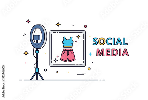 Social media fashion shoot depicted by a ring light framing a trendy outfit silhouette with subtle sparkle accents to suggest polished visuals and digital