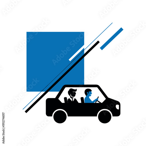 Black and white carpool scene with two figures inside simplified vehicle silhouette, large blue geometric block offset behind them, subtle diagonal lines