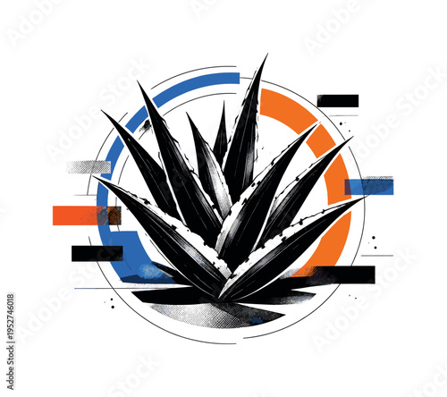 black and white aloe plant made of sharp graphic leaves, surrounded by circular frames and floating abstract rectangles, limited palette black white orange and