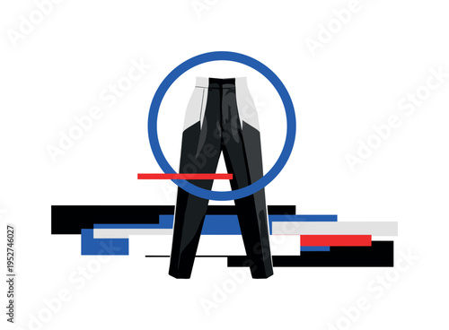Black and white high-waisted vintage trousers displayed flat, bold blue circular frame partially enclosing the waistband, thin red horizontal line crossing