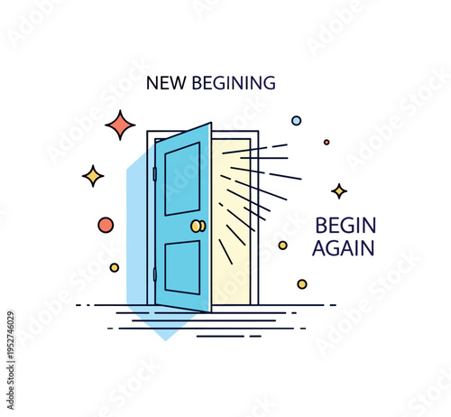 New beginning narrative expressed through an open doorway with bright light spilling outward. Gentle sparkle accents and a subtle ?Begin Again? text detail