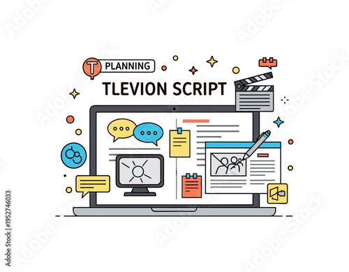 Television script displayed on a laptop with notes and storyboard sketches, small decorative dots and abstract icons highlighting planning, dialogue, and scene