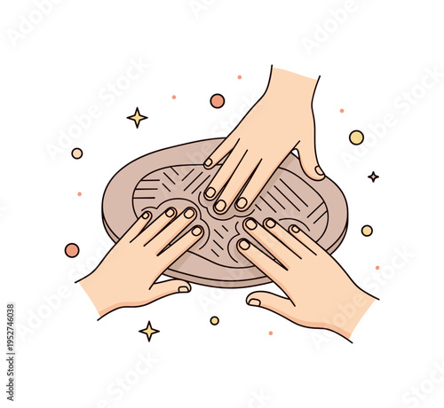 Craftsmanship and texture exploration concept featuring hands pressing patterned lines into clay with subtle decorative dots around, conveying experimentation