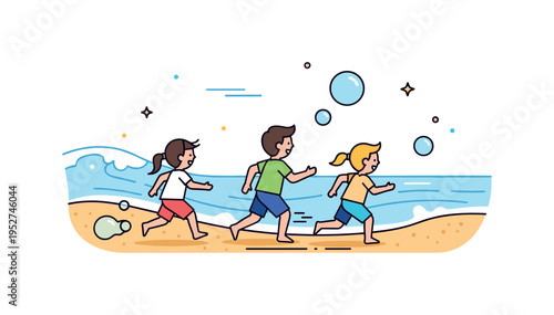 Children chasing bubbles along a sandy beach with gentle waves in the background, expressing energetic playfulness and outdoor enjoyment. Minimalist flat