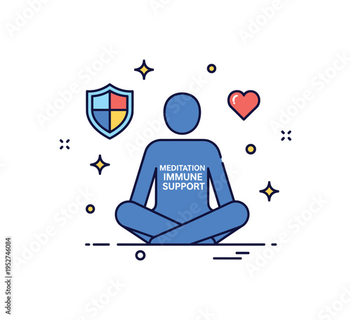 Meditation for immune support seated silhouette with a small shield and heart icon nearby. A meaningful concept badge highlighting how calmness and mindset
