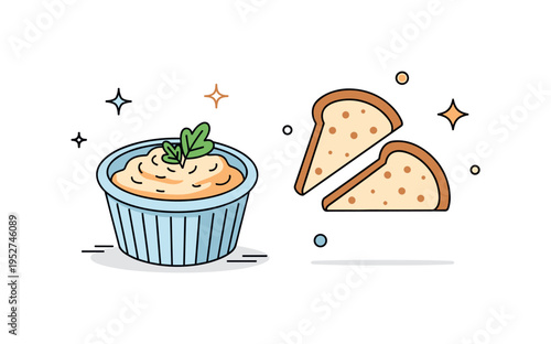 Crab dip gourmet starter concept showing a neat ramekin filled with textured dip and a delicate herb garnish, paired with two minimal toast triangles arranged