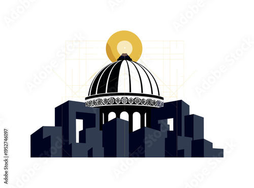 Conceptual holy sanctuary theme with black-and-white dome silhouette intersecting a bright golden circle, navy geometric blocks suggesting structural strength,