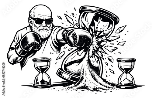 Bold line art illustration of a bearded man in boxing gloves depicting him shattering an hourglass for concepts of urgency and time control