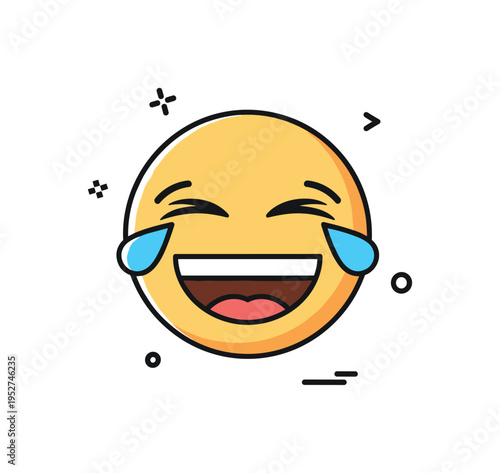 Laughing reaction emoji illustrated with closed crescent eyes and a broad smile, accented by tiny tear drops to emphasize joy and humor. The composition
