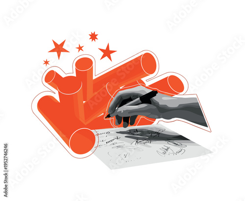 A realistic monochrome hand signing autographs, combined with orange cylindrical shapes and abstract star icons symbolizing celebrity status, white outline