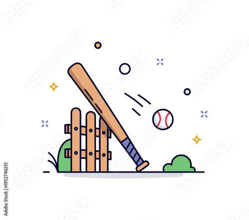 Backyard baseball practice featuring a bat leaning against a small fence with a ball gently bouncing nearby. The scene conveys casual training, childhood
