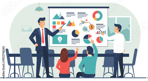 Business team presenting data on colorful graphs and charts in modern office for corporate branding