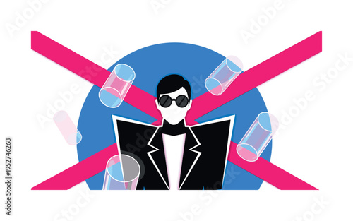 Black and white stylized influencer wearing exaggerated avant-garde outfit with geometric shoulders, bold electric blue semicircle backdrop intersected by a