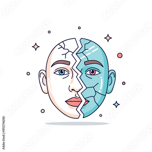 Psychological fragmentation cracked reflective surface splitting a calm face into asymmetrical pieces with subtle tension. The centered composition highlights