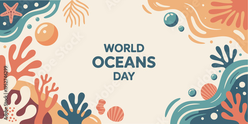 World Ocean Day Blue Abstract Underwater Vector Background with Turtle and Coral