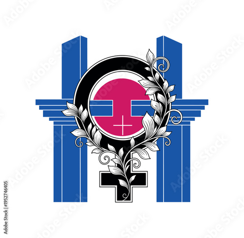 Black and white symbolic female gender icon integrated with abstract floral shapes, bold deep pink sun disc behind intersected by cobalt blue geometric blocks