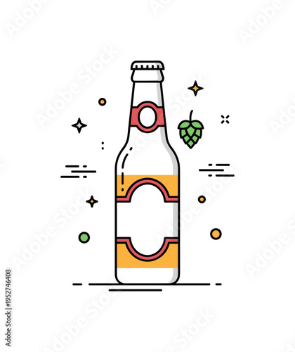 Craft beer bottle design concept represented by a clean glass bottle silhouette with a customizable label frame and small hop leaf accent, symbolizing branding