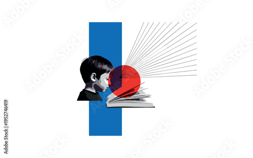 Black and white child reading an open book with pages slightly lifted, bold blue vertical stripe dividing composition, red circular accent overlapping the book