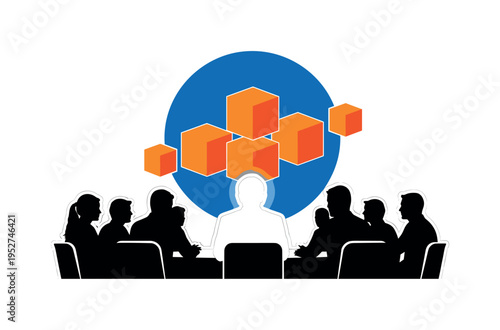 Black and white team meeting scene simplified into graphic silhouettes with one figure highlighted, bold cobalt blue sun disc behind intersected by orange