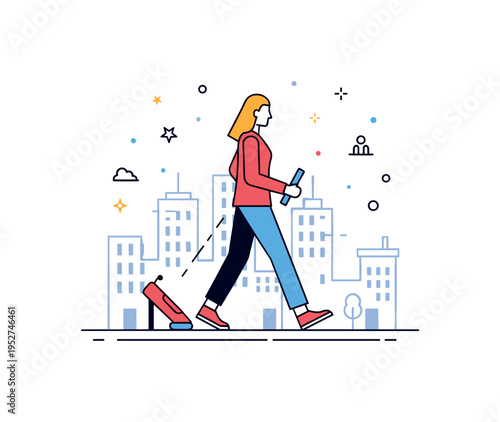 Street style runway crossover confident figure walking off the catwalk into a simplified city outline, blending high fashion with urban culture. A compact