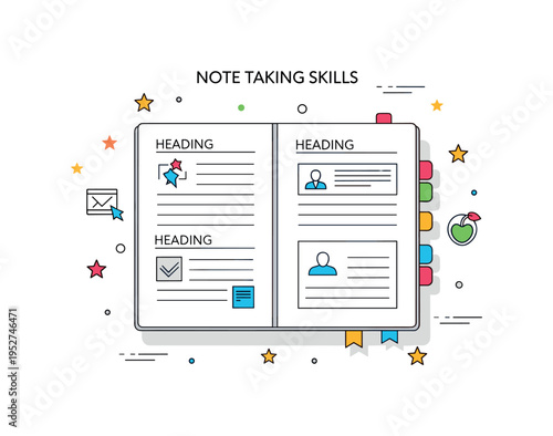 Note taking skills concept illustrated by a notebook divided into clear sections with headings and small icons, symbolizing organized thinking and structured