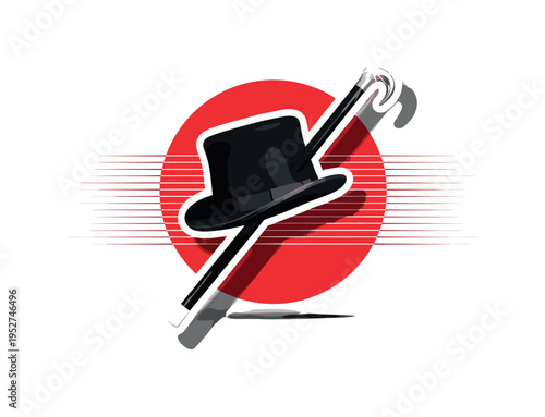 A black and white vintage circus ringmaster hat and cane placed diagonally, layered with a bold red circular frame behind the objects and thin horizontal lines