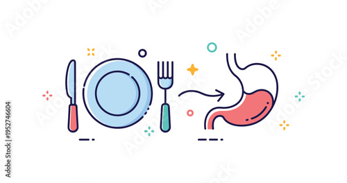 Digestive health awareness badge featuring a plate and fork icon transitioning into a small stomach outline with smooth arrow flow. The composition conveys