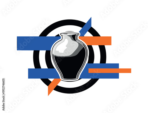 Black and white retro-style ceramic vase centered in the composition, bold concentric circles behind it emphasizing form and symmetry, flat electric blue and