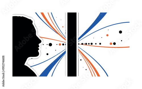 A monochrome profile silhouette gazing at abstract space map, gravitational waves depicted as smooth geometric arcs crossing a star field of flat circular