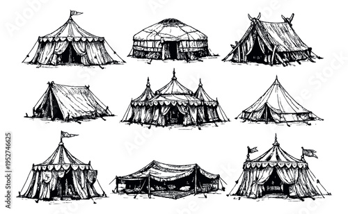 Hand drawn tent set featuring various traditional and vintage shelters for camping and outdoor activities